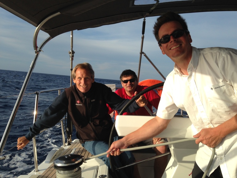 Bob Reed, Jean-Luc Paillat and Erik Stromberg are all smiles as start our passage from corsica to Marseilles.