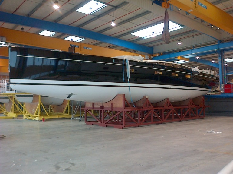The Newly painted Jeanneau 64, Trois Vignes, sits in the factory Poieter.