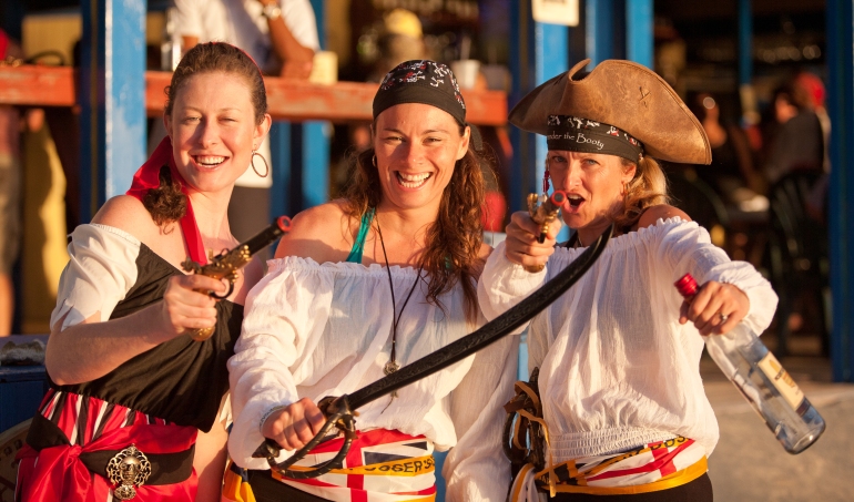 Pirate Night during the 2014 BVI Owner's Rendezvous (L-R: Rosie Rigaux, Catherine Guiader and Valerie)
